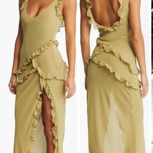 HOUSE OF CB - Pixie Ruffle Georgette Body-Con Cocktail Dress in OLIVE